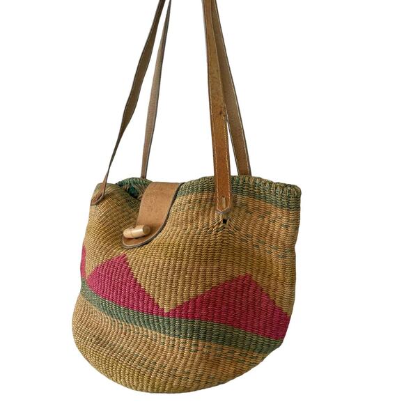 Vintage Woven Sisal Jute Shoulder Bag Market Tote Leather Handles Boho Multi - Picture 2 of 10